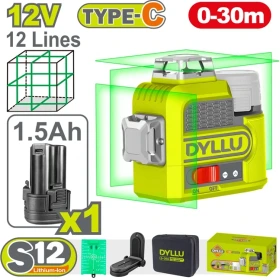 تراز لیزری شارژی 12 ولت 12 خط سبز دایلو مدل DTLE8M12 | خودتراز حرفه‌ای با پوشش 360 درجه