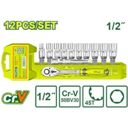 ست بکس 1/2 اینچ 12 عددی دایلو مدل DTST2212 | مجموعه آچار بکس حرفه‌ای CR-V با دسته جغجغه 45 دندانه
